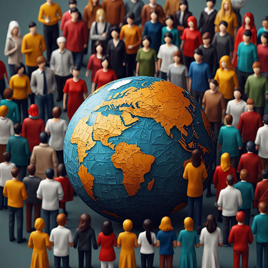 planet earth surrounded by many people